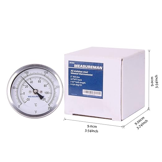 MEASUREMAN Fully Stainless Steel Pot, Kettle, Brewing Bimetal Thermometer, 3" Dial, 2-1/2" Stem, 0-250 deg F/-20-120 deg C, -1% Accuracy, Adjustable, 1/2" NPT Back Mount