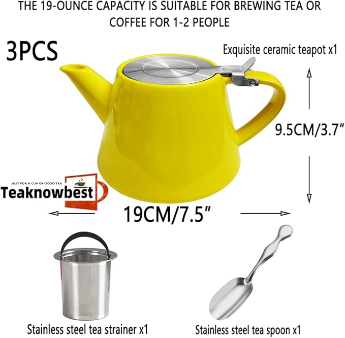 Ceramic teapot, 19oz Tea pot for loose leaf tea, Tea infuser pot with Removable 18/8 Stainless Steel Infuser and teaspoon, Suitable for 1-2 people to brew tea or coffee (yellow)