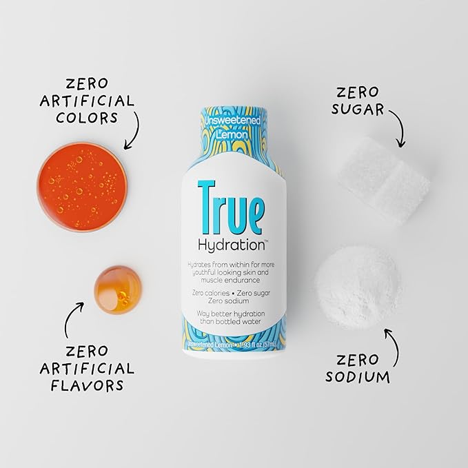 True Hydration Shots Unsweetened Lemon Flavor – 12 Pack of 1.93 fl oz Shots – Electrolytes – Amino Acids – Zero Sugar – Zero Sodium – Vegan – Gluten-Free Hydration