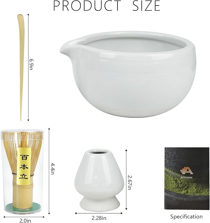 Artcome 4 Pcs Complete Matcha Tea Ceremony Kit - Bowl, Whisk, Whisk Holder, Tea Scoop - For Usucha, Koicha and Matcha Latte (White)