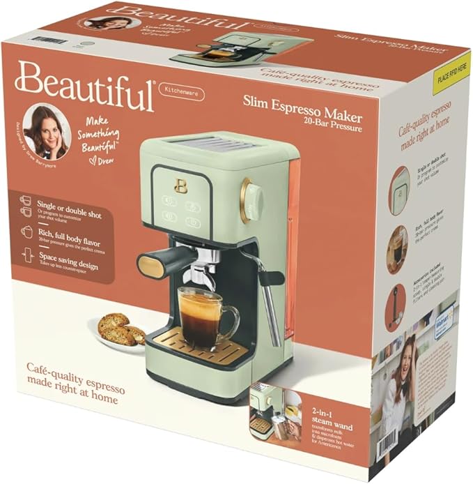 Beautiful Slim Espresso Maker by Drew Barrymore – 20‑Bar Pressure, Dual‑Spout 52 mm Portafilter, 50 oz Removable Tank, 2‑in‑1 Steam Wand & Touch Controls (Sage Green)