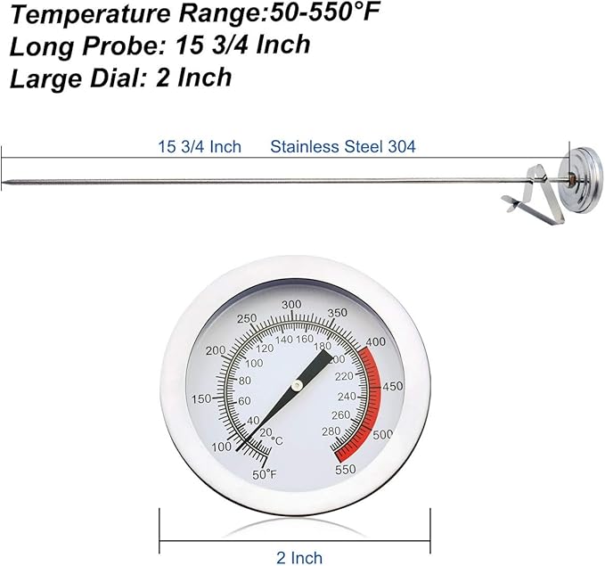 Efeng 15“ turkey fryer thermometer with pot clip (2 Pack), 2" dial candy thermometer with stainless steel clip,oil thermometerr for frying,turkey thermometor deep fryer for cooking tall pots,beef,meat