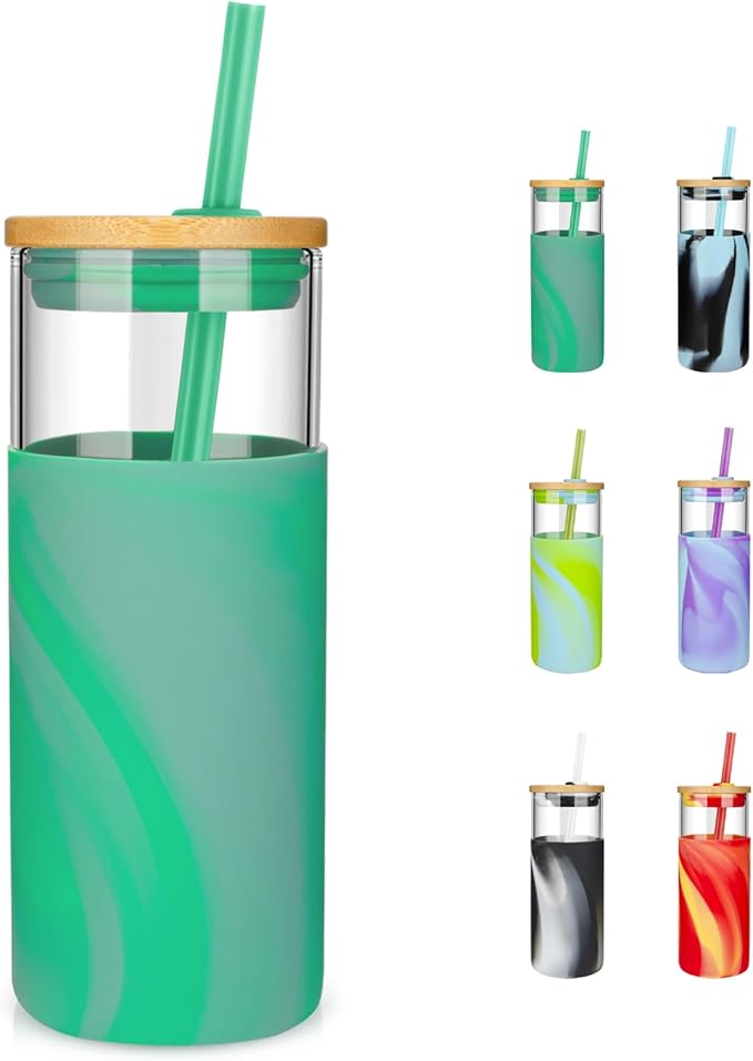 Tronco 20 oz Glass Tumbler with Straw and Lid- Glass Cup with Lid and Straw, Iced Coffee Cup Reusable, Smoothie Cups, Bamboo Lid and Protective Silicone Sleeve - BPA-Free