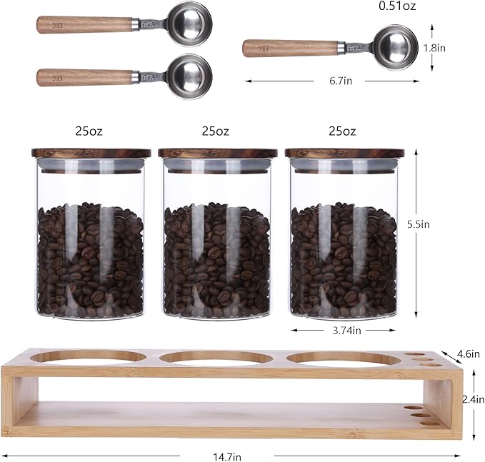 KKC HOME ACCENTS Sealed Glass Food Storage Jars with Scoop for Kitchen Counter,Glass Tea Canisters for Loose Tea,Ground Coffee,Bean,Sugar,Nut,Wooden Top Glass Containers with Spoons,25 Fluid-oz