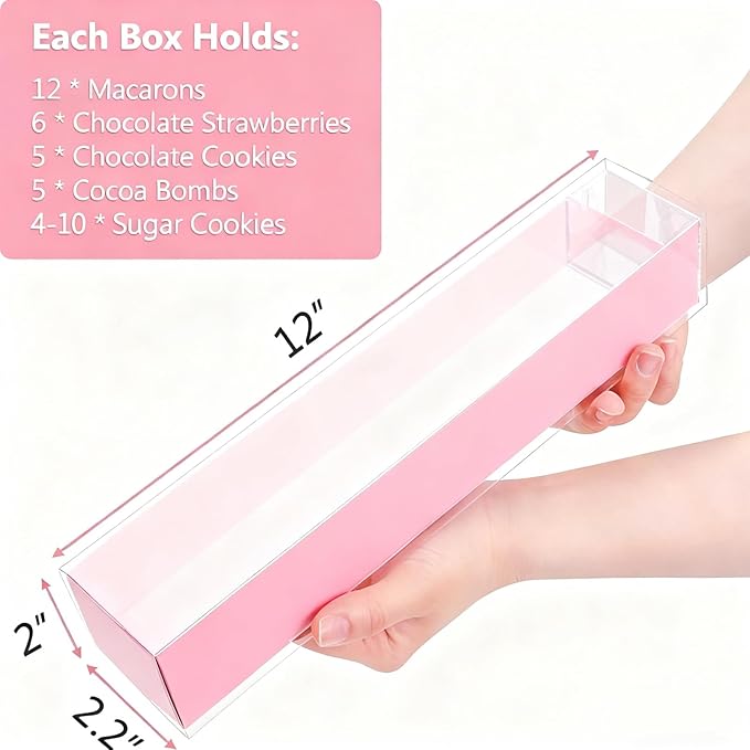 50Pack Strawberry Boxes - 12x2.2x2 Inch with Clear Window for Macaron, Chocolate Truffle, Cookie & Bakery Boxes
