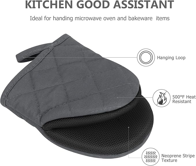 1 Pair Short Oven Mitts - Silicone Kitchen Oven Gloves High Heat Resistant 500℉, Mini Oven Mits with Non-Slip Grip Surfaces and Hanging Loop for BBQ, Baking, Cooking and Grilling (Solid Gray)