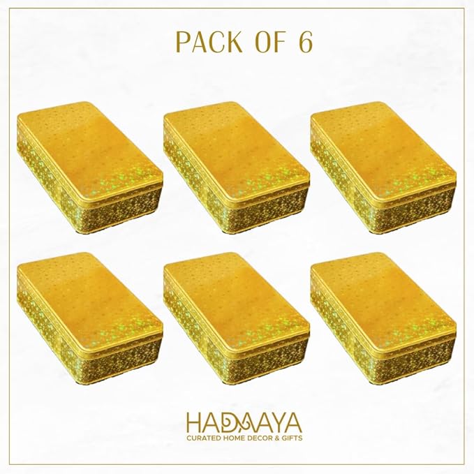 Pack of 6 Glittering Gold Rectangular Container With Lid, Multipurpose Tin Box, Festive Tin Box for Gift Giving, Cookies, Stationery & More - 7.25 x 5.25 x 2.25 Inches