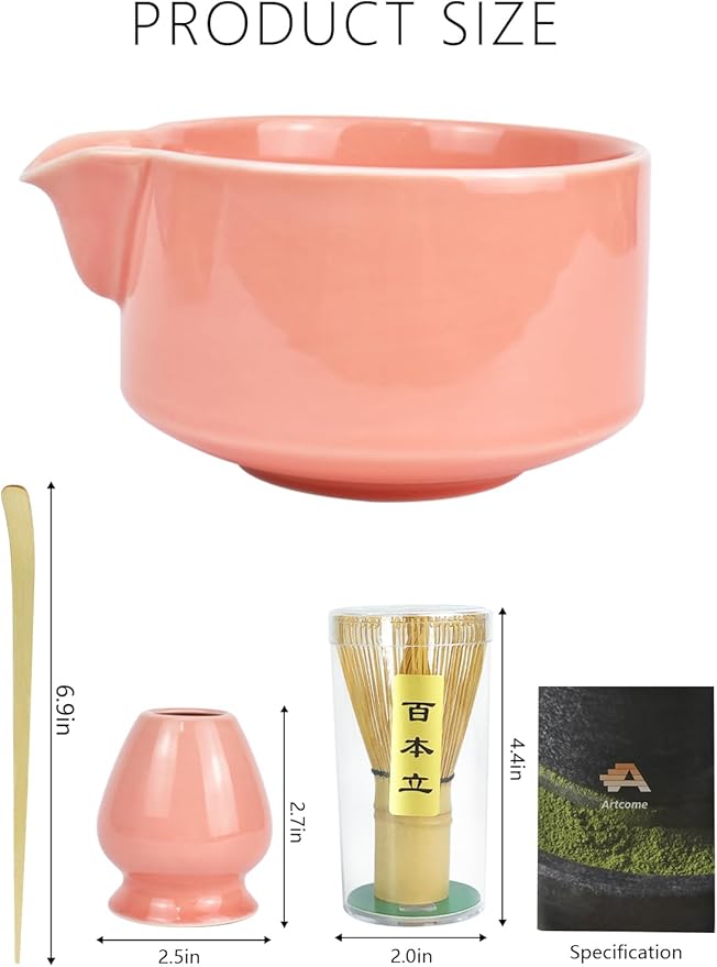 Artcome Premium Matcha Tool Set – Includes Matcha Bowl with Pouring Spout, Whisk, Whisk Holder, Tea Scoop & Matcha Manual - Pink