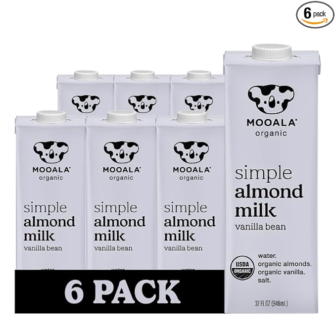 Mooala Organic Simple Almond Milk Vanilla, 32oz - 4 Ingredient, Shelf Stable, No Gums, No Oils, No Fillers, Unsweetened, Non-GMO, No Additives, Dairy Free Plant Based Milk, 6 pack