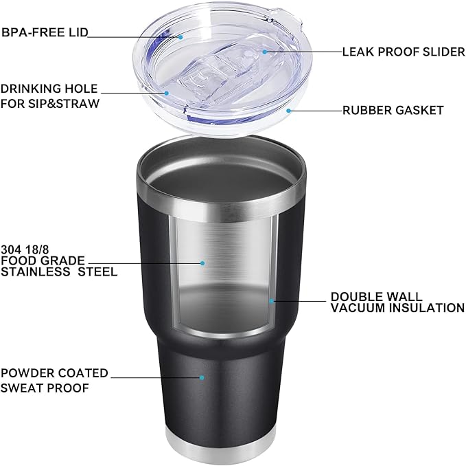 DOMICARE 30 oz Tumbler with Lid and Straw, Stainless Steel Tumblers Bulk, Insulated Vacuum Double Wall Travel Coffee Mug, Durable Powder Coated Tumbler Cups (Black, 8)