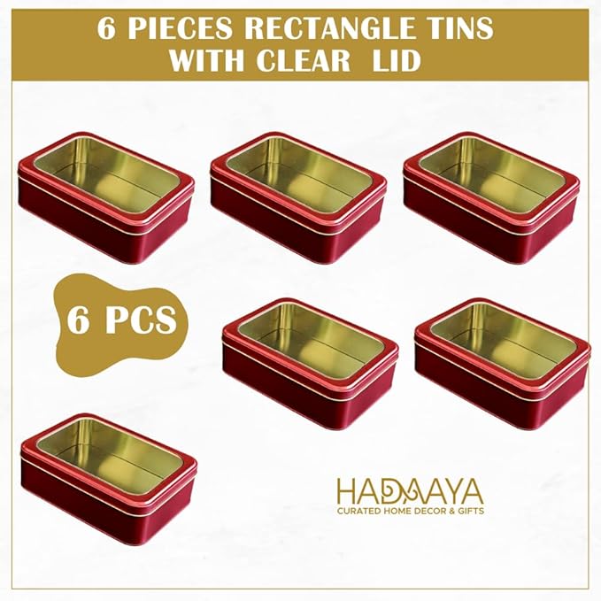 6 Pack Red Rectangular Metal Tin with Clear Lid – Gift Box for Cookies, Candy, Crafts & Storage – Perfect For Gifting, Festive Decor & Party Favor