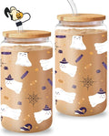 White Ghost Glass, 16 Oz, Fall Iced Coffee Mug with Straw and Lid, Perfect for Gothic Horror Themed Gifts and Thanksgiving Gifts (One)