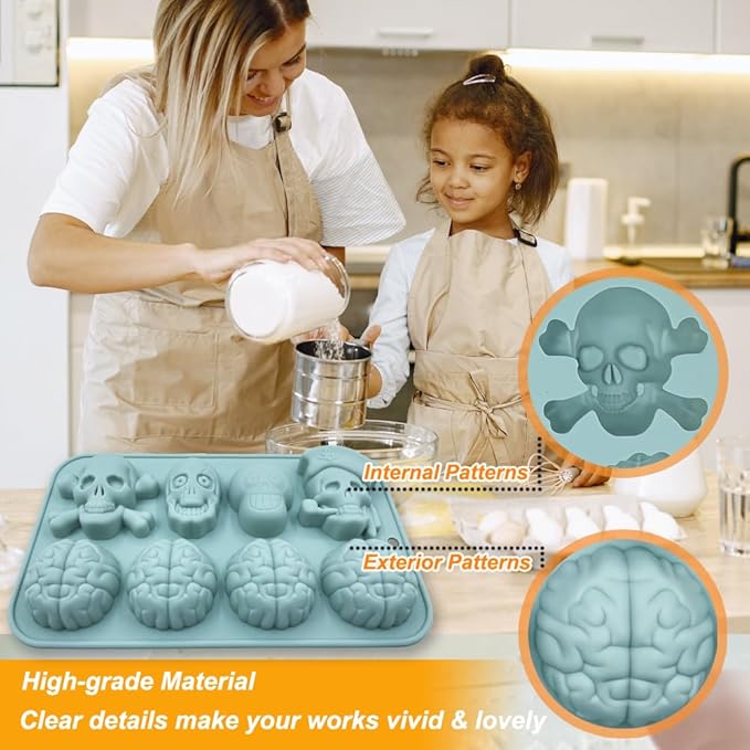 Halloween Chocolate Mold Silicone,2pcs Cavity Candy Gummy Mold with Skull and Brain for Baking Chocolate Jelly Gummy Desser