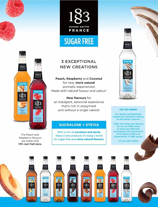 1883 Sugar Free Vanilla Syrup – Sugar Free Vanilla Coffee Syrup, Zero Calorie Beverage Mixer, Made in France, 1 Liter Plastic Bottle