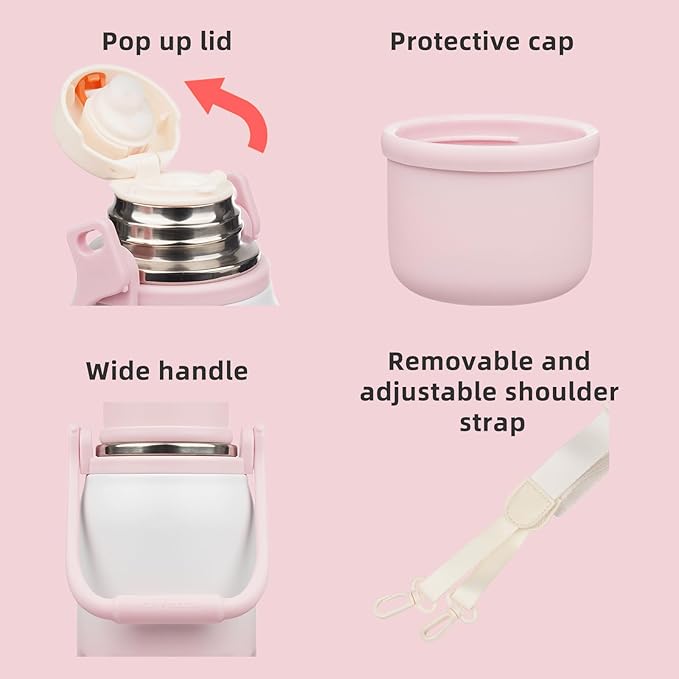 BJPKPK Insulated 50oz Thermos Water Bottle with Lid and Carry Handle Dishwasher Safe Stainless Steel Water Bottles for Outdoor,Pink Pearl