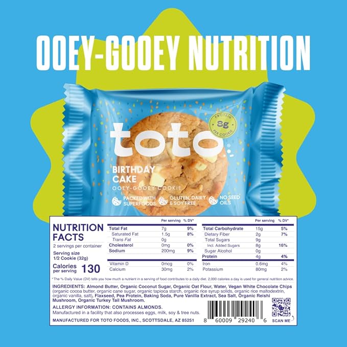 Toto Vegan Cookies, Birthday Cake Cookie, High Fiber Snacks, Gluten Free Cookies, Plant Based Snacks with Superfoods & Adaptogens, 8gr Protein Cookies, Pack of 10 Individually Wrapped Cookies