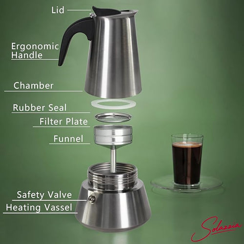 4 Cup Stovetop Espresso Maker Matte Stainless Steel Moka Pot Italian and Cuban Mocha Coffee Maker, Compatible with Gas, Electric, Ceramic, and Induction stovetops(6.6 fl oz/200 ml)