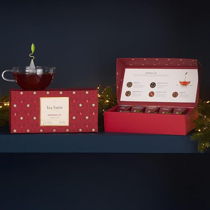 Tea Forte Warming Joy Holiday Premium Petite Presentation Box Gift Set Sampler, 10 Count, 2 of Each Blend Individually Wrapped Handcrafted Pyramid Infuser Bags