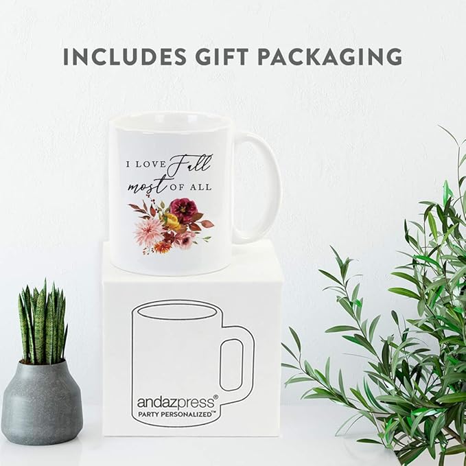 Andaz Press Fall Burgundy Marsala 11oz. Ceramic Coffee Tea Mug, I Love Fall Most Of All, 1-Pack, Floral Blooms Graphic, Friend, Family, Coworker, Autumn Season, Thanksgiving Ideas