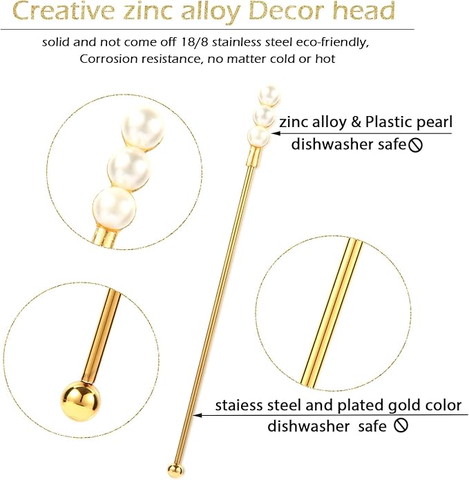 Exquisite Gold Pearl Stainless Steel Coffee Beverage Stirrers Stir Cocktail Drink Swizzle Stick for Wendding Party Value Pack, Hostess Gifts Set of 4, 7.5 Inches Long