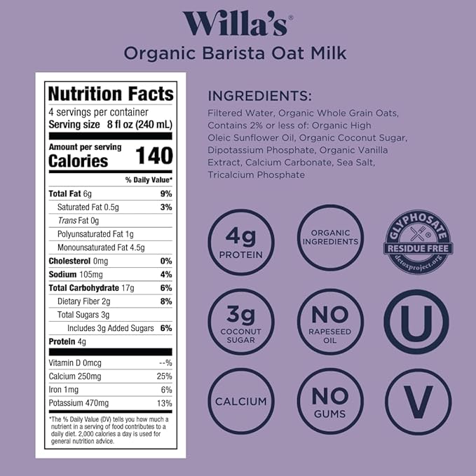 Willa's Organic Barista Oat Milk - Barista Blend Unsweetened Oatmilk and Creamer, Non-GMO, Shelf Stable, Low Sugar, Non-Dairy Milk, Made from Whole Grain Oats, For Foams and Froth, 32oz, Pack of 1