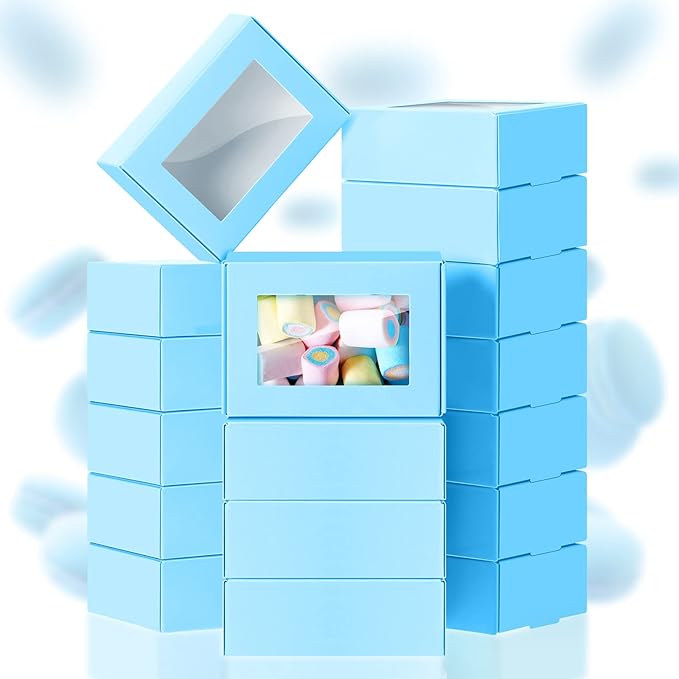 Zonon 30 Pcs Soap Boxes for Homemade Packaging, Mini Kraft Treat Boxes with Window for Bakery Candy Soap Making Gift Packaging(3.5 x 2.4 x 1.2 Inch,Blue)