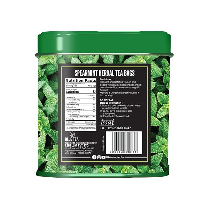 BLUE TEA - Spearmint Tea - 30 Count - Pyramid Plant Based Tea Bag | PCOS RELIEF | Balances Hormones - Support Digestion | Refreshing Cool Minty Flavour - Herbal Tea - Leaf Based - Caffeine free | Ziplock Pouch