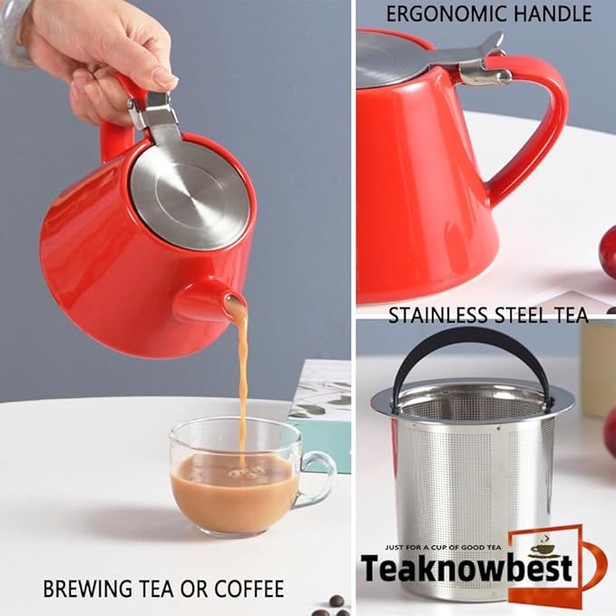 Ceramic teapot, 19oz Tea pot for loose leaf tea, Tea infuser pot with Removable 18/8 Stainless Steel Infuser and teaspoon, Suitable for 1-2 people to brew tea or coffee (pink)