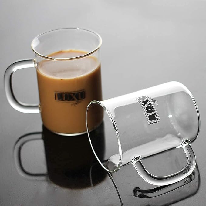 LUXU Borosilicate Glass Coffee Mugs (Set of 2)-15 oz,Clear Tea Cups,Lead-free Drinking Glasses with Handle,Perfect for Latte,Americano,Cappuccino,Tea Bags,Water,Milk and Hot and Cold Beverage