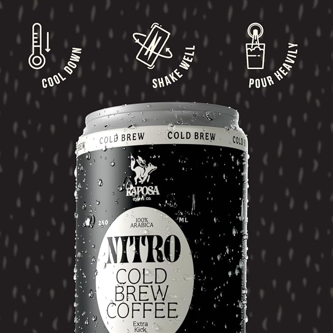 Raposa Nitro Cold Brew Ready to Drink Coffee 250ml - 8.45oz - Sweetened - Dairy Free - Vegan Cold Brew Ready to Drink, Non GMO, No Artificial Anything - 225mg Caffeine (Extra Kick (12 Pack))
