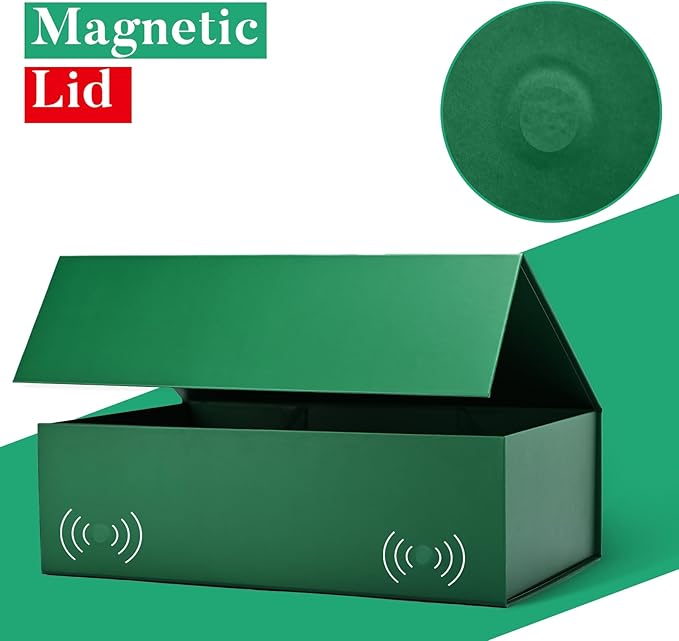 LIFELUM Christmas Gift Box for Presents 1 Pack 13.85 x 8.35 x 4.45 inch Big Decorative Green Gift Box for Clothes with Magnetic Lids Luxury Accessories Card, Ribbon, Filler,Sticker