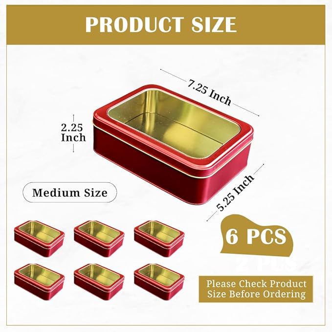 6 Pack Red Rectangular Metal Tin with Clear Lid – Gift Box for Cookies, Candy, Crafts & Storage – Perfect For Gifting, Festive Decor & Party Favor