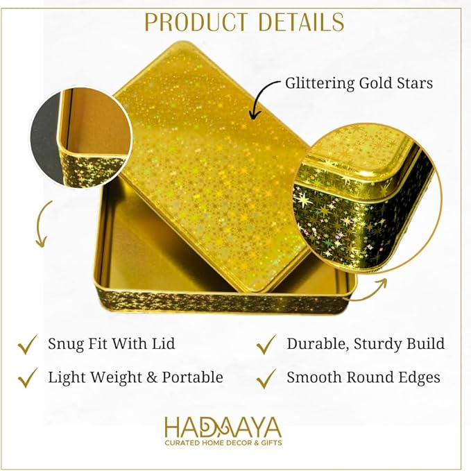 Pack of 6 Glittering Gold Rectangular Container With Lid, Multipurpose Tin Box, Festive Tin Box for Gift Giving, Cookies, Stationery & More - 7.25 x 5.25 x 2.25 Inches