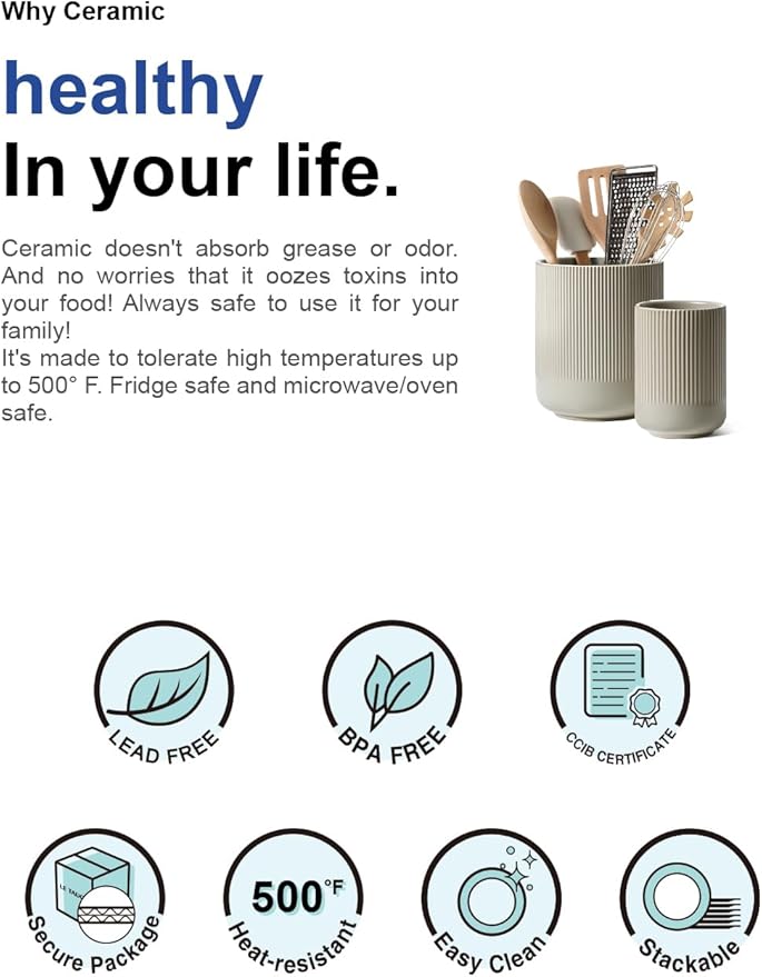 LE TAUCI Utensil Holder, 7.3"+5.4" Ceramic Kitchen Utensil Holder for Countertop, Large Cooking Utensil Crocks for Kitchen Counter, Morden Utensil Organizer for Spatula, Set of 2, Oatmeal Greige