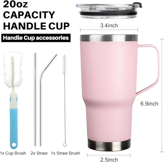 20 oz Tumbler with Handle, Stainless Steel Insulated Tumbler with Lid and Straw, Double Wall Vacuum Coffee Mug Tumbler, Insulated Coffee Thermal Cup for Cold and Hot (Pink)