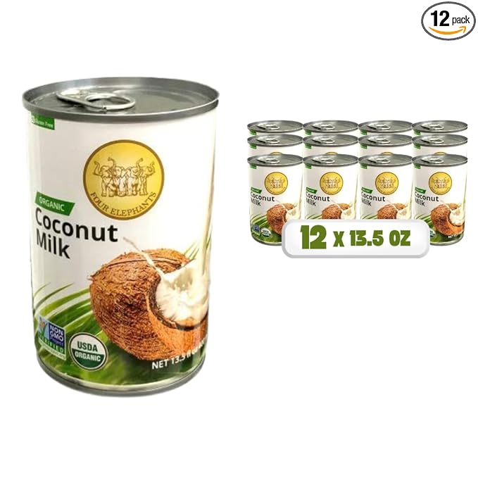 Four Elephants Unsweetened Organic Coconut Milk -13.5 Fl Oz (Canned Pack of 12) - Non-GMO, Gluten Free, USDA Organic, Kosher Certified, Easy Lid Opener