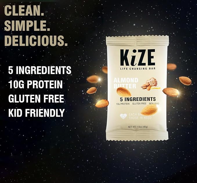KiZE Energy Bars - Almond Butter - Almond-Butter-Based, Gluten Free, Non-GMO, and High Protein Meal Replacement Energy Bars, Clean and Simple Food Ingredients - 10g High Protein Snacks, (10 Count)