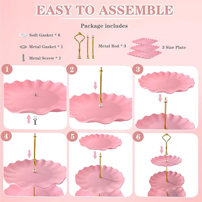 5 Pcs Dessert Table Display Set, Pink Plastic 2 Pcs Square 3 Tier Cupcake Stand Cup Cake Tower Stand with Metal Rod & 3 Pcs Serving Tray for Baby Shower, Tea Party, Wedding, Birthday Party