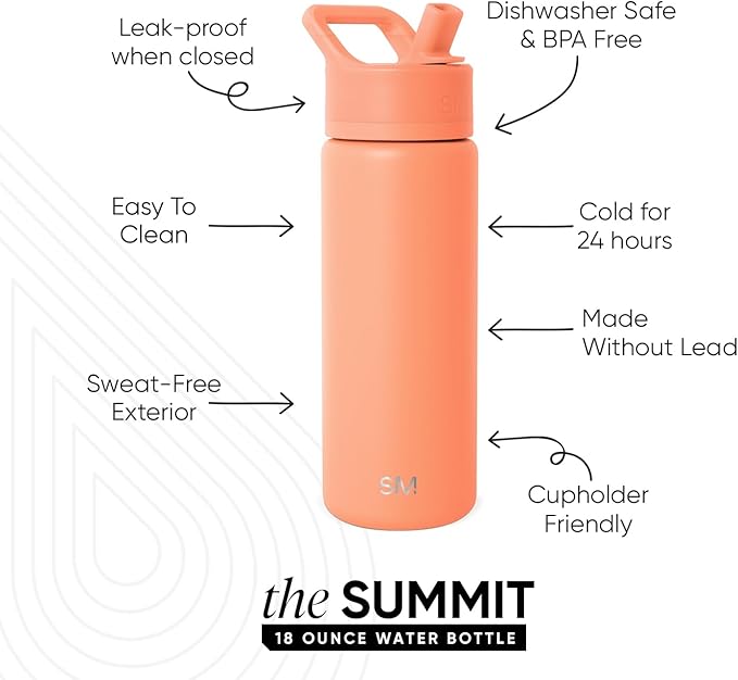 Simple Modern Kids Water Bottle with Straw Lid | Vacuum Insulated Stainless Steel Metal | Reusable Leak Proof BPA-Free Thermos for School | Summit Collection | 18oz, Clementine