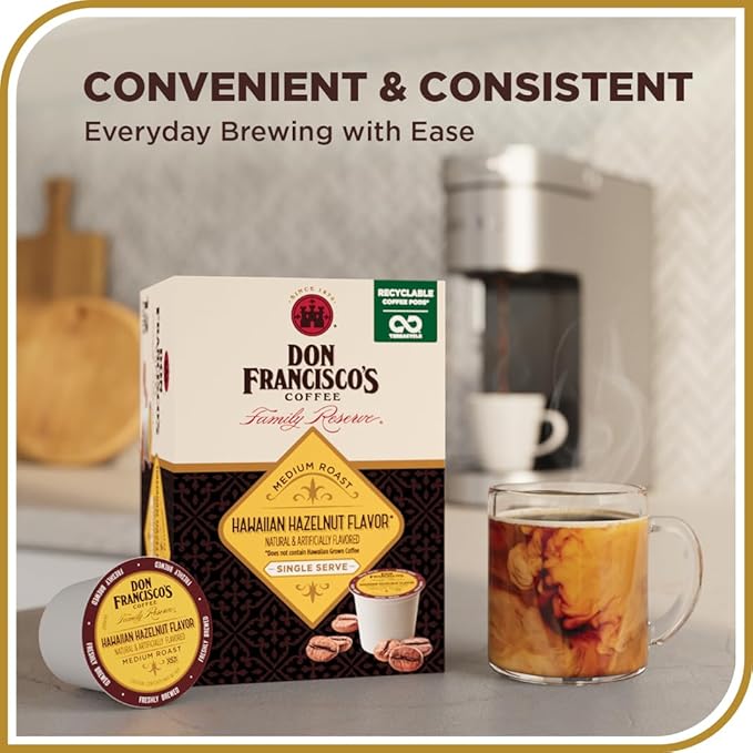 Don Francisco's Hawaiian Hazelnut Flavored Coffee - 55 K-Cup Compatible Single-Serve Pods - 100% Arabica - Compatible with Keurig Brewers