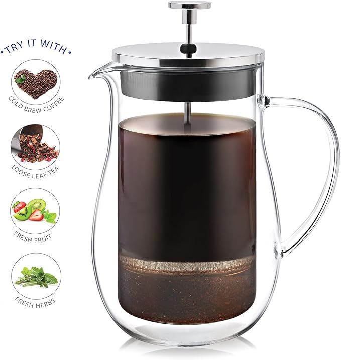 Teabloom Stay-Hot Glass French Press – Insulated 27-Ounce (800 mL) Loose Tea Steeper and Coffee Maker – Connoisseur's Choice