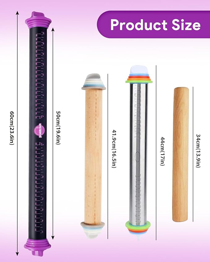Silicone Rolling Pin with Thickness Rings, Adjustable Designs for Fondant, Cookie Decorating, Pasta, Pizza, 23.6 inch Purple Large Long Pin