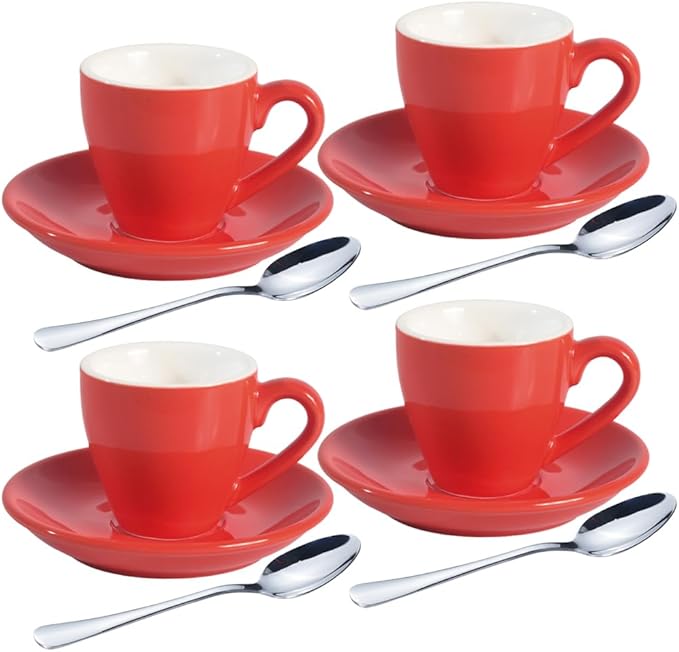 homEdge Porcelain Espresso Shot Cup Set with Saucers and Stainless Steel Spoons - 80 ml / 2.67 oz, Set of 4, Red