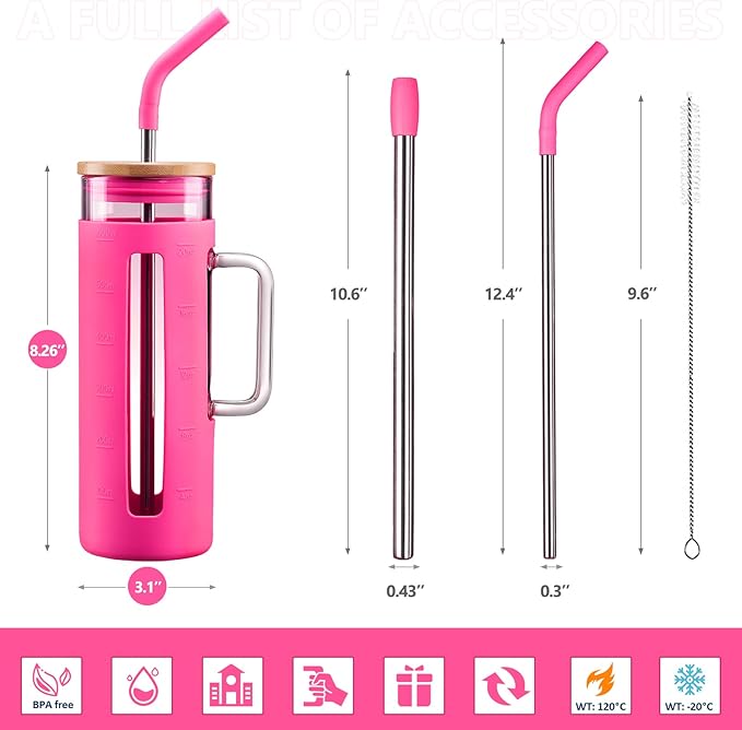 Kodrine Tumbler with Lid and Straw, 20 oz Glass Coffee Tumbler with Handle, Smoothie Cup with Bamboo Lid | Time Marker | Silicone Protective Sleeve, BPA Free -Rose Red