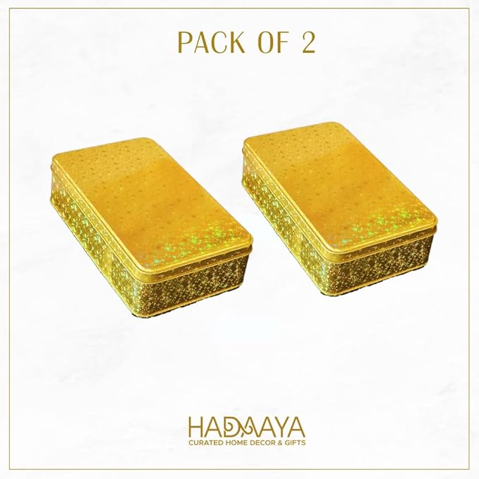 Pack of 2 Glittering Gold Rectangular Container With Lid, Multipurpose Tin Box, Festive Tin Box for Gift Giving, Cookies, Stationery & More - 7.25 x 5.25 x 2.25 Inches
