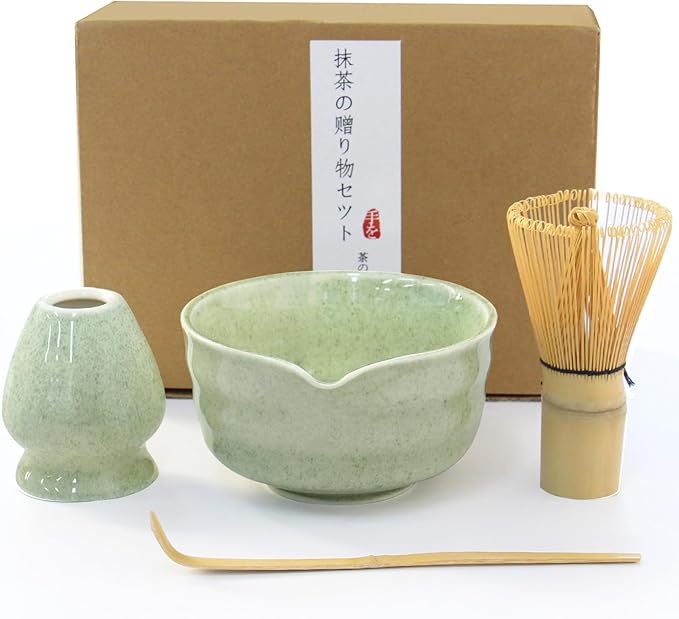 Matcha Whisk Set, Japanese Tea Set includes Matcha Bowl with Spout, Matcha Whisk and Holder, Bamboo Matcha Scoop - 4 Pcs Ceremonial Grade Matcha kit for Matcha Tea Lovers (Jade Green)
