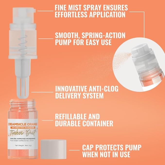 Bakell - Creamsicle Orange Tinker Dust (4g, 1x Mini Spray Pump) Edible Glitter for Food, Desserts, and Beverages!