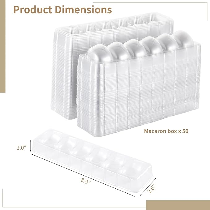 50 PCS Macaron Boxes, 6-Slot Dessert Cases for Macarons Small Cakes, Clear Plastic Macaron Storage Containers, Macaroon Packaging Display Trays for Cookie Wedding Party Gifts （8.9 x 2.0 x2.6in）
