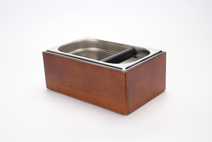 Knock Box Espresso, Coffee knockbox with Rubber Knock Bar and Anti-slip Pad, Commercial Use Large Capacity, Stainless Steel and Wooden, Espresso Accessory