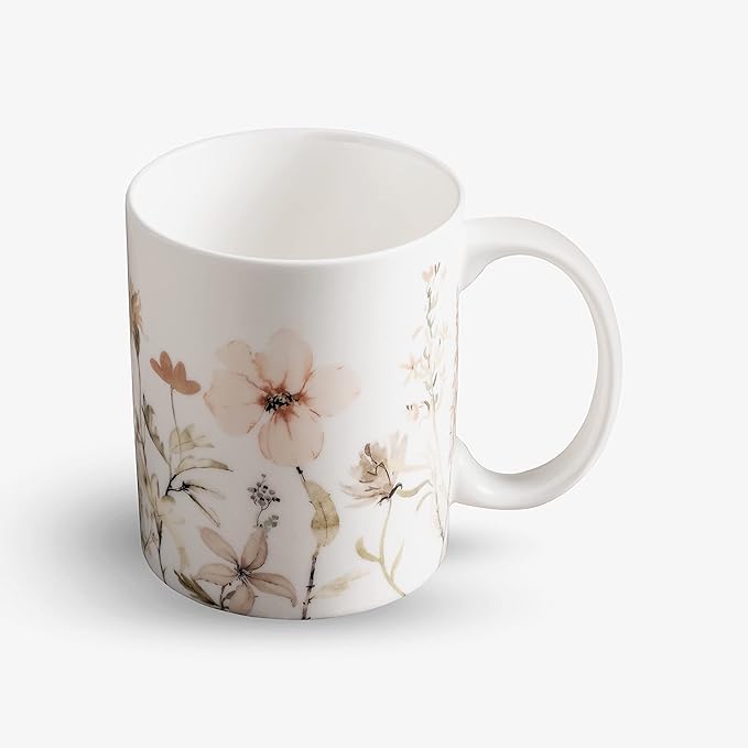 Maison d' Hermine Coffee Mug with Handles Fine Bone China Mugs Pack of One Tea Cups for Hot Beverages Cappuccino Latte Home Office Perfect for Gift (Ice Florals - Romantic Morning, 15 Ounce)